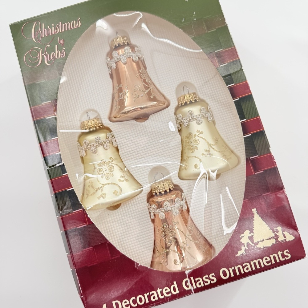 Vintage Glass Ornament Bells Christmas by Krebs '00s Pink Gold Glitter Set of 4 - Picture 5 of 7